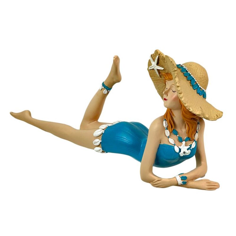 Lounging Beach Girl Sunbathing Figurine Blue Swimsuit Retro Nautical Decor